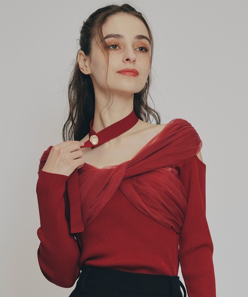 REDYAZEL（レディアゼル）の「チョーカークロスチュールニットトップス（ニット/セーター・レディース・オフホワイト/グリーン/ブラック/ボルドー/ピンク・FREE）」の5枚目の写真