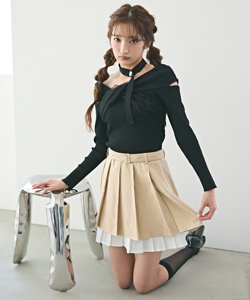 REDYAZEL（レディアゼル）の「チョーカークロスチュールニットトップス（ニット/セーター・レディース・オフホワイト/グリーン/ブラック/ボルドー/ピンク・FREE）」の6枚目の写真