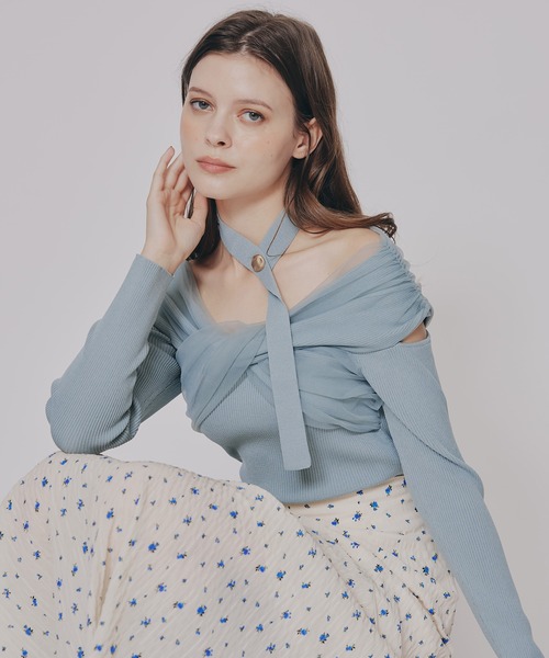 REDYAZEL（レディアゼル）の「チョーカークロスチュールニットトップス（ニット/セーター・レディース・オフホワイト/グリーン/ブラック/ボルドー/ピンク・FREE）」の21枚目の写真