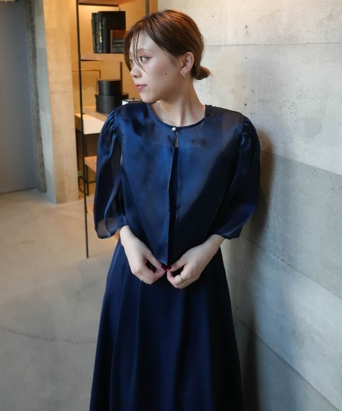 Jolie et Jolie（ジョリーエジョリー）の「オーガンジー2wayボレロ＋フレアワンピースドレス（ドレス・レディース・ネイビー/ブラック×ホワイト・LL/3L/4L/5L/M/L）」の12枚目の写真