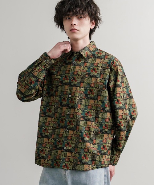 Audience(オーディエンス)の「Upscape Audience 日本製/国産プリントブロードワンウォッシュレギュラーカラー長袖テーパードシャツ AUD6664(シャツ/ブラウス・メンズ・ブラック/カーキ/オフホワイト/ブラック系/ベージュ/グリーン/アイボリー・M/L)」の6枚目の写真