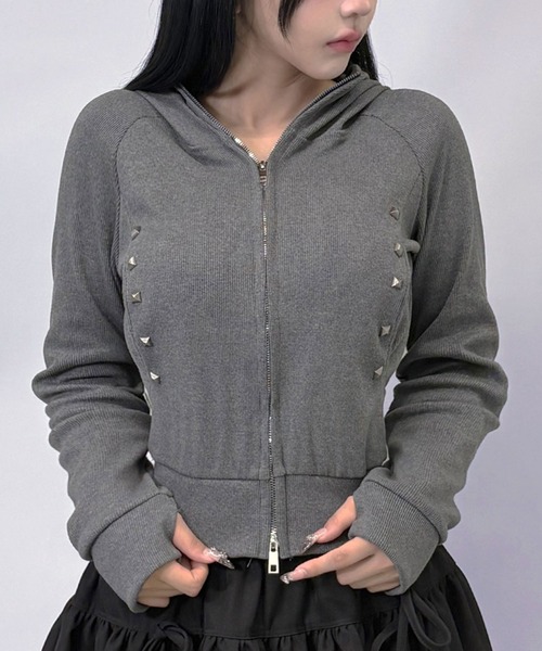 FOLLOWIN（フォロウィン）の「２color/スタッズダブルジップパーカー（パーカー・レディース・グレー/ブラック・FREE）」の2枚目の写真