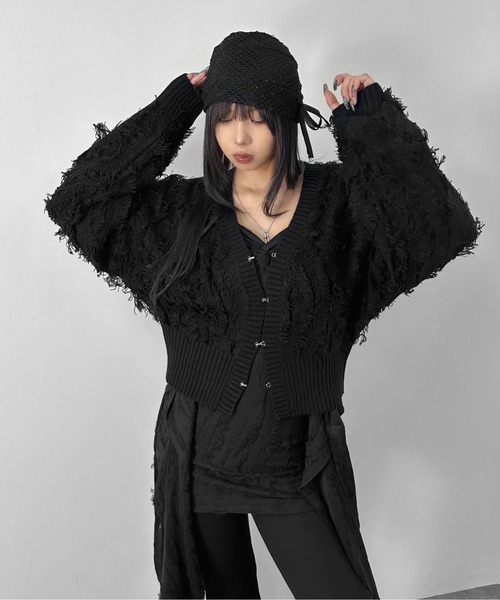 ルネお嬢様ジャケットフリンジデザイン 黒 長袖カーディガン LVEU.（ラブユ.）の「【LVEU.】フリンジニットカーディガン / トップス