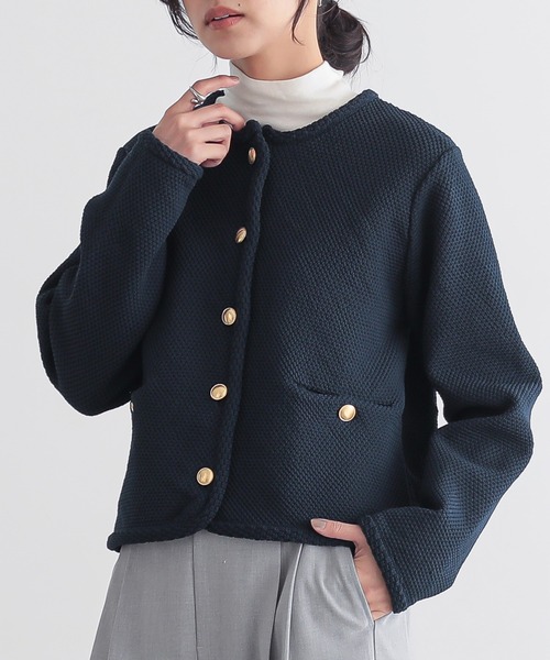 for/c(フォーシー)の「カノコニットジャケットカーディガン【サスティナブル】(カーディガン/ボレロ・レディース・オフホワイト/ネイビー・M/L)」の1枚目の写真