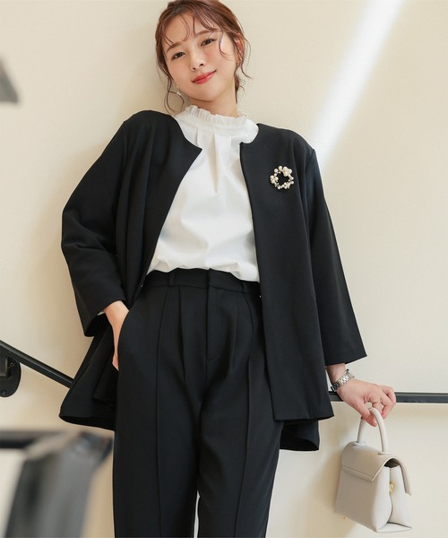 KOBE LETTUCE（コウベレタス）の「[ セレモニー ] [ ストレッチ × ノーアイロン ] 選べる4サイズ 細見えストレッチジャケット(単品)（ノーカラージャケット・レディース・ブラック・L/M/XL/PM）」の10枚目の写真