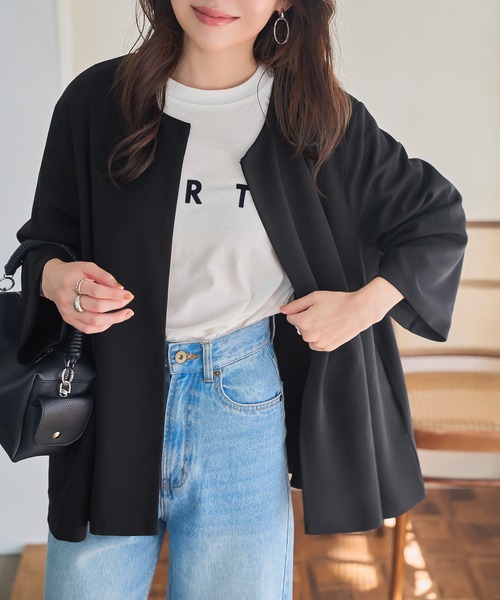 KOBE LETTUCE（コウベレタス）の「[ セレモニー ] [ ストレッチ × ノーアイロン ] 選べる4サイズ 細見えストレッチジャケット(単品)（ノーカラージャケット・レディース・ブラック・L/M/XL/PM）」の12枚目の写真