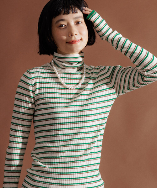 セール】ウォッシャブル ボーダータートルネックニット/洗えるニット