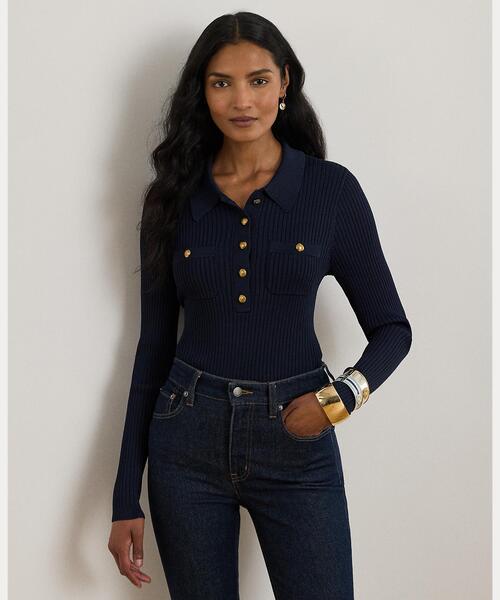 リブニット ロングスリーブ ポロ セーター（ニット/セーター）｜LAUREN