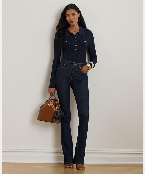 リブニット ロングスリーブ ポロ セーター（ニット/セーター）｜LAUREN