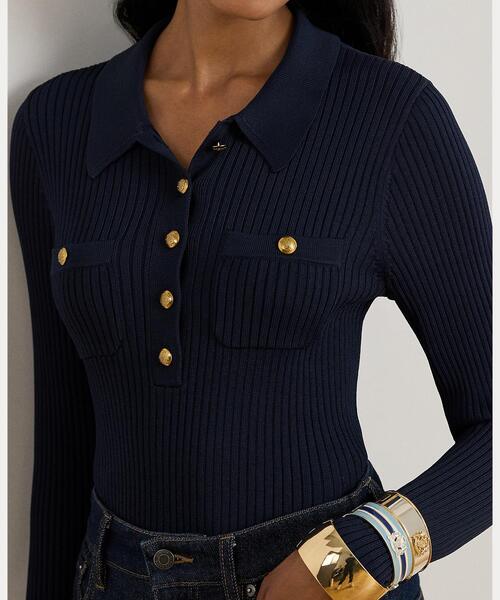 リブニット ロングスリーブ ポロ セーター（ニット/セーター）｜LAUREN