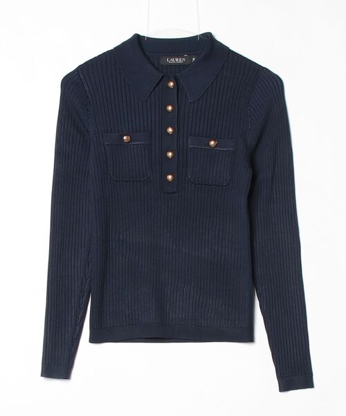 リブニット ロングスリーブ ポロ セーター（ニット/セーター）｜LAUREN