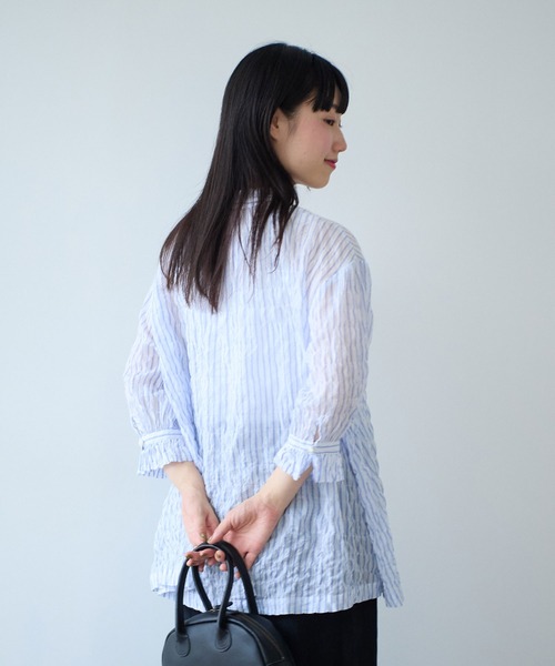 bulle de savon（ビュルデサボン）の「●80/1 shirring stripe フリル衿ブラウス（シャツ/ブラウス・レディース・ホワイト・FREE）」の4枚目の写真