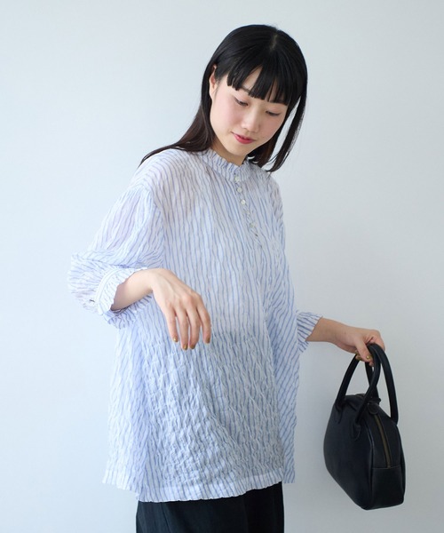 bulle de savon（ビュルデサボン）の「●80/1 shirring stripe フリル衿ブラウス（シャツ/ブラウス・レディース・ホワイト・FREE）」の3枚目の写真
