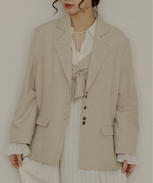 OLUN（オルン）の「linen blend jacket/リネンブレンドジャケット（テーラードジャケット・レディース・ベージュ/アイボリー/ブラウン/チェック・MEDIUM/SMALL）」の2枚目の写真