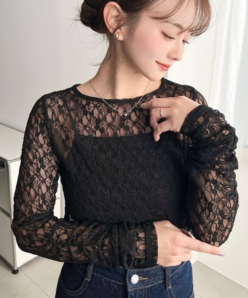 セール】クルーネック袖ギャザー長袖ストレッチレーストップス（T