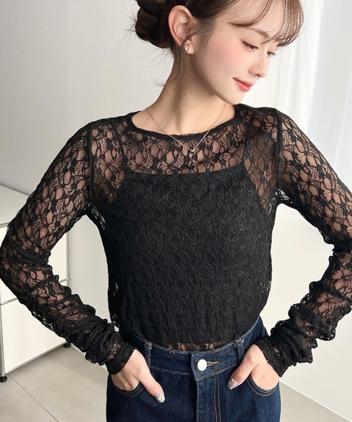 moment+(モーメントプラス)の「クルーネック袖ギャザー長袖ストレッチレーストップス(Tシャツ/カットソー・レディース・オフホワイト/ブラック/ナチュラル・L/M)」の17枚目の写真