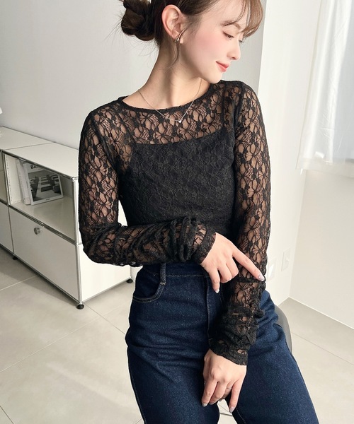 moment+(モーメントプラス)の「クルーネック袖ギャザー長袖ストレッチレーストップス(Tシャツ/カットソー・レディース・オフホワイト/ブラック/ナチュラル・L/M)」の10枚目の写真