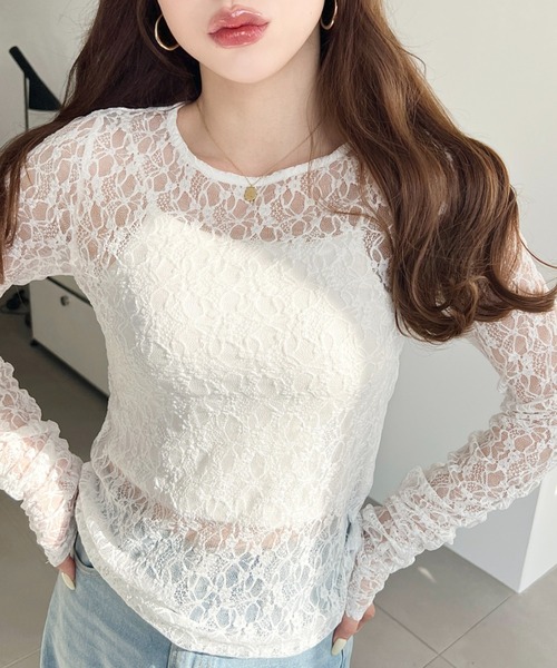 moment+(モーメントプラス)の「クルーネック袖ギャザー長袖ストレッチレーストップス(Tシャツ/カットソー・レディース・オフホワイト/ブラック/ナチュラル・L/M)」の21枚目の写真