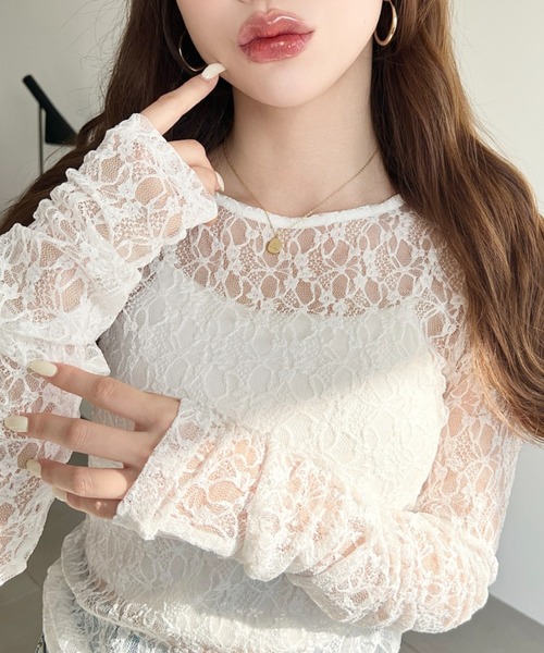 moment+(モーメントプラス)の「クルーネック袖ギャザー長袖ストレッチレーストップス(Tシャツ/カットソー・レディース・オフホワイト/ブラック/ナチュラル・L/M)」の19枚目の写真