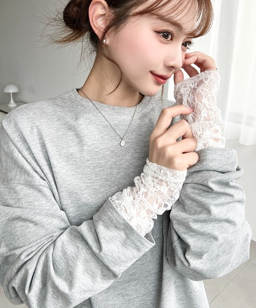 クルーネック袖ギャザー長袖ストレッチレーストップス（Tシャツ