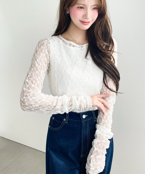 クルーネック袖ギャザー長袖ストレッチレーストップス（Tシャツ