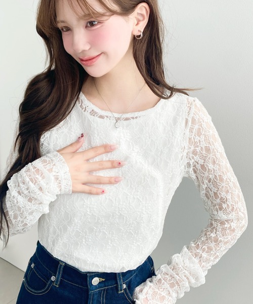 定価5-10万【McQ】袖レーストップス クルーネック袖ギャザー長袖ストレッチレーストップス（Tシャツ