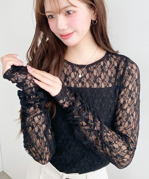 クルーネック袖ギャザー長袖ストレッチレーストップス（Tシャツ