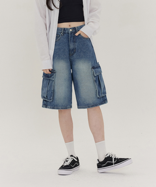ACSHI(アクシ)の「ヴィンテージストリートカーゴオーバーフィット5部デニムパンツユニセックス(ブルー)(その他パンツ・メンズ・その他・XL/XXL/S/M/L)」の5枚目の写真