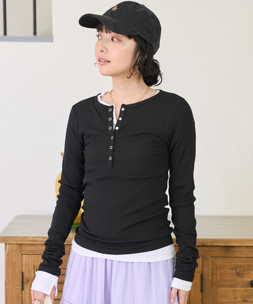 FREAK'S STORE(フリークスストア)の「<新色追加>【セットアイテム】コットンモダール ヘンリー レイヤーロンT/レイヤードカットソー(Tシャツ/カットソー・レディース・レッド/サックスブルー/ブラック/ブラウン/ホワイト/ネイビー/チャコールグレー/ワインレッド・フリ-)」の16枚目の写真