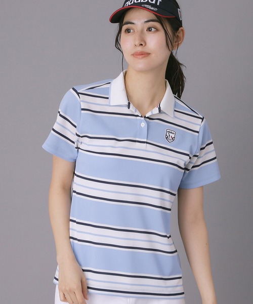 adabat(アダバット)の「【ADABAT NAVY】UVカット ランダムボーダー半袖ポロシャツ(ポロシャツ・レディース・ブルー系5/サックスブルー系・38/40/42)」の1枚目の写真