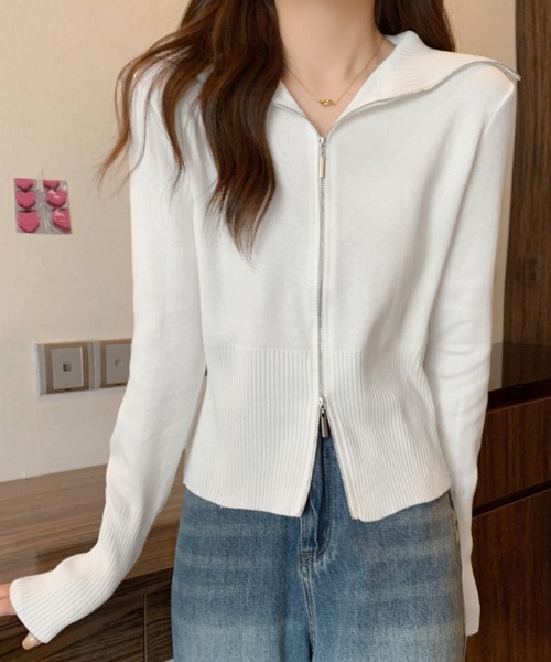 Miniministore(ミニミニストア)の「ダブルジップ 薄手 ニットカーディガン(カーディガン/ボレロ・レディース・ブラック/ホワイト/ブラウン/グレー・FREE)」の6枚目の写真