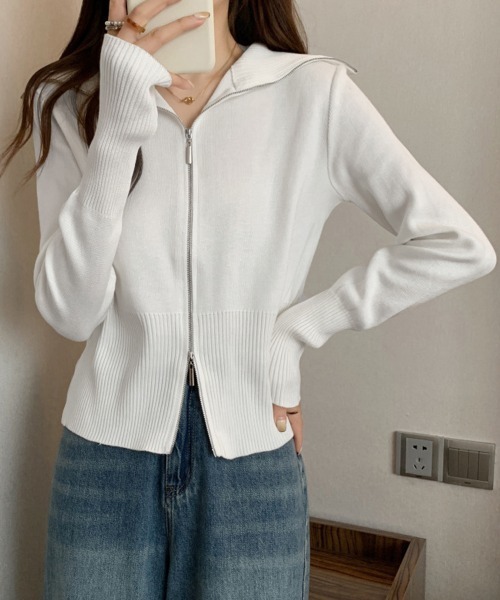 Miniministore(ミニミニストア)の「ダブルジップ 薄手 ニットカーディガン(カーディガン/ボレロ・レディース・ブラック/ホワイト/ブラウン/グレー・FREE)」の7枚目の写真