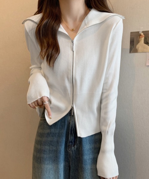 Miniministore(ミニミニストア)の「ダブルジップ 薄手 ニットカーディガン(カーディガン/ボレロ・レディース・ブラック/ホワイト/ブラウン/グレー・FREE)」の8枚目の写真