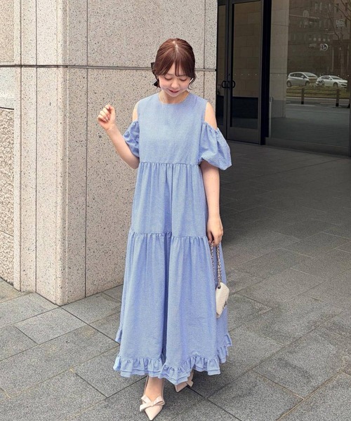 Fit more(フィットモア)の「ギンガムオープンショルダーワンピース(ワンピース・レディース・グリーン/ブルー/ブラック・SHORT/LONG)」の14枚目の写真