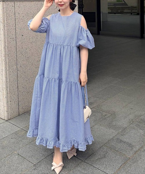 Fit more(フィットモア)の「ギンガムオープンショルダーワンピース(ワンピース・レディース・グリーン/ブルー/ブラック・SHORT/LONG)」の15枚目の写真