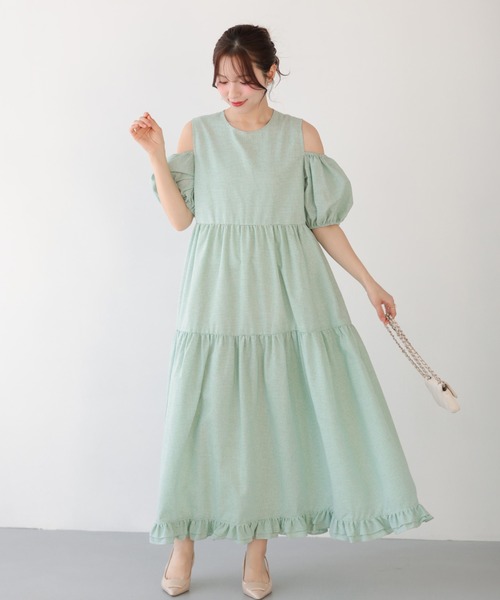 Fit more(フィットモア)の「ギンガムオープンショルダーワンピース(ワンピース・レディース・グリーン/ブルー/ブラック・SHORT/LONG)」の6枚目の写真