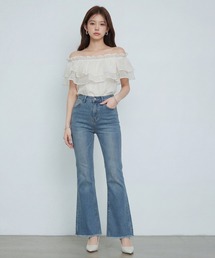 【オフィスカジュアル】【きれいめカジュアル】レディース美シルエットフレアハイウエストデニムパンツブーツカットストレッチ切りっぱなし