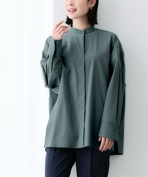 7days Life Styling(セブンデイズライフスタイリング)の「【接触冷感/UVカット/撥水】ストレッチバンドカラーギャザーシャツ(シャツ/ブラウス・レディース・グリーン系/ブラック・3L/LL/L/M)」の1枚目の写真