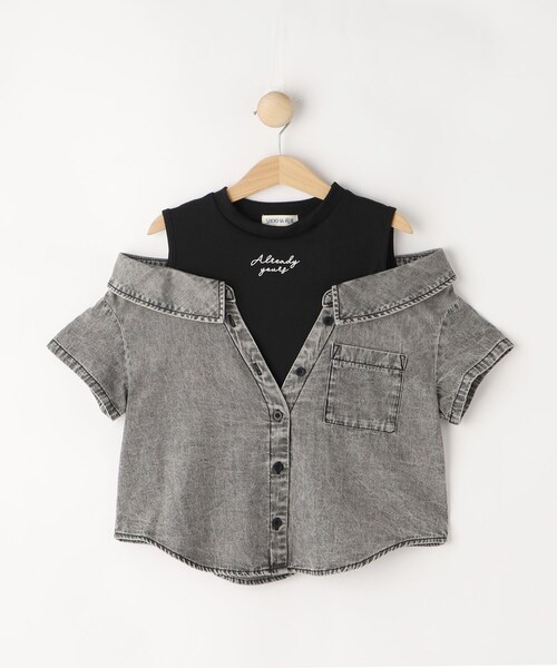 SHOO・LA・RUE(シューラルー)の「【120-150cm】肩あきデニムドッキングシャツ(Tシャツ/カットソー・キッズ・グレー系4/ブルー系5・12/13/14/15 )」の1枚目の写真