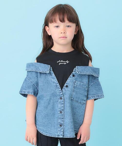 SHOO・LA・RUE(シューラルー)の「【120-150cm】肩あきデニムドッキングシャツ(Tシャツ/カットソー・キッズ・グレー系4/ブルー系5・12/13/14/15 )」の3枚目の写真