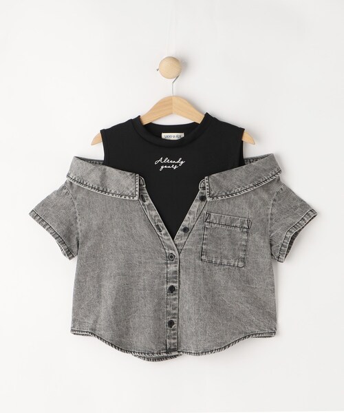 SHOO・LA・RUE(シューラルー)の「【120-150cm】肩あきデニムドッキングシャツ(Tシャツ/カットソー・キッズ・グレー系4/ブルー系5・12/13/14/15 )」の4枚目の写真