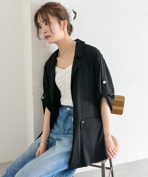 mystic（ミスティック）の「シアー半袖ジャケット（テーラードジャケット・レディース・ブラック/アイボリー/ブルー・FREE）」の2枚目の写真