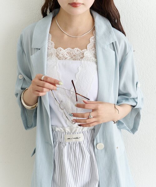 mystic（ミスティック）の「シアー半袖ジャケット（テーラードジャケット・レディース・ブラック/アイボリー/ブルー・FREE）」の4枚目の写真