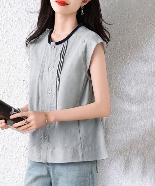 ONEP STAR（ワンピスター）の「配色パイピングノースリーブブラウス（シャツ/ブラウス・レディース・ダークブラウン/ネイビー/グレー・MEDIUM/LARGE/X-LARGE）」の9枚目の写真