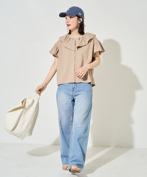 トップス smrXS 限定展開 <接触冷感>フリルカラー 袖フレア ボタン トップス（Tシャツ