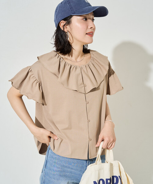 限定展開 <接触冷感>フリルカラー 袖フレア ボタン トップス（Tシャツ