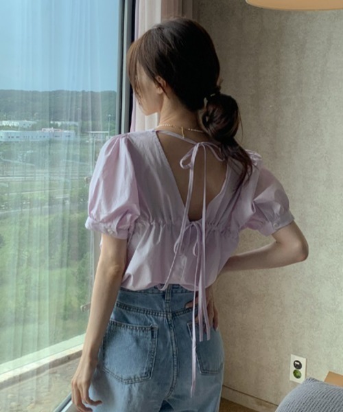 AMAJI（アマジ）の「バックリボン 半袖ブラウス（シャツ/ブラウス・レディース・ホワイト/ネイビー/パープル・FREE）」の5枚目の写真