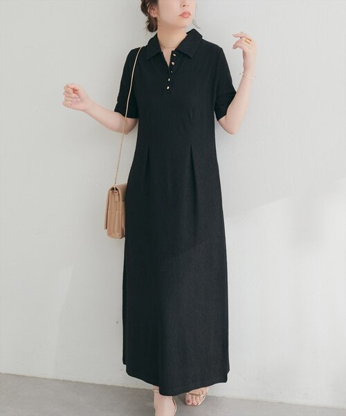 natural couture（ナチュラルクチュール）の「タックフレアポロワンピース（ワンピース・レディース・ブラック/オフホワイト/ブラウン/ベージュ・LARGE/FREE）」の8枚目の写真