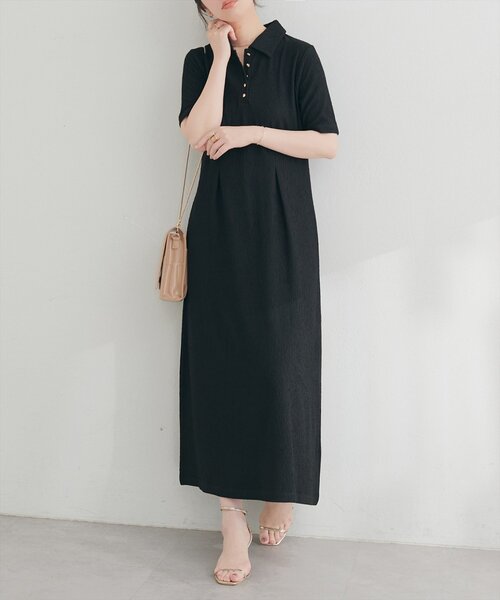 natural couture（ナチュラルクチュール）の「タックフレアポロワンピース（ワンピース・レディース・ブラック/オフホワイト/ブラウン/ベージュ・LARGE/FREE）」の7枚目の写真