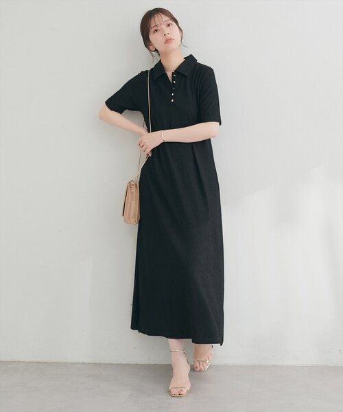 natural couture（ナチュラルクチュール）の「タックフレアポロワンピース（ワンピース・レディース・ブラック/オフホワイト/ブラウン/ベージュ・LARGE/FREE）」の6枚目の写真